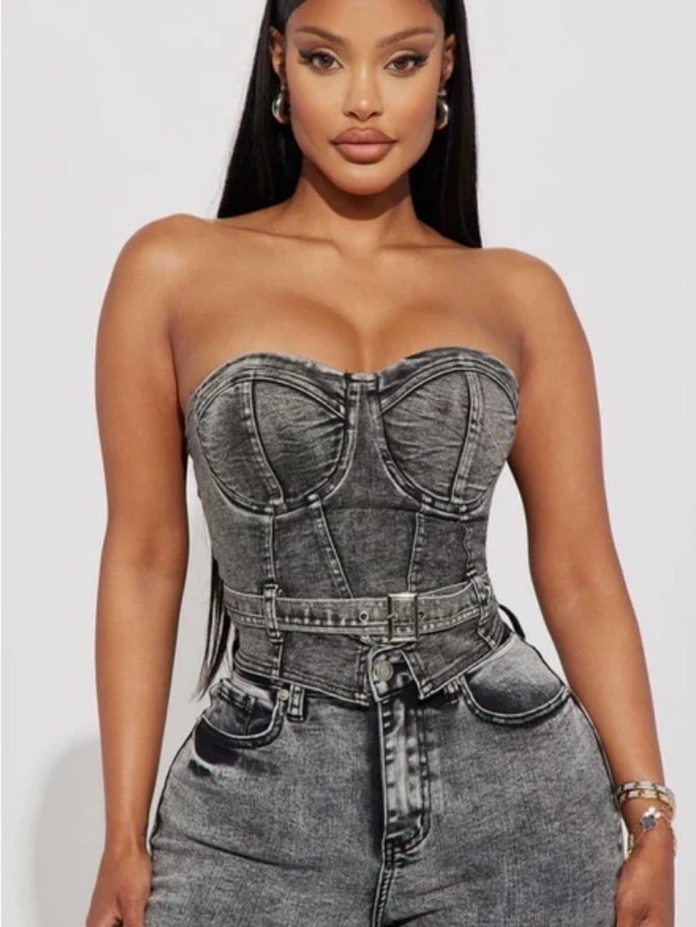Strapless Washed-Gray Denim Bustier Top